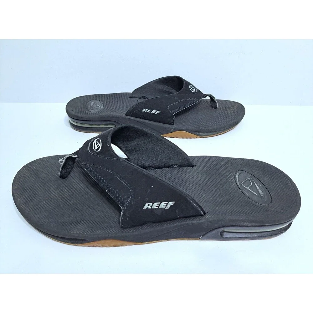 Reef Fanning Flip Flops Men's 11-12 Leather Sandals Black Bottle Opener Beach